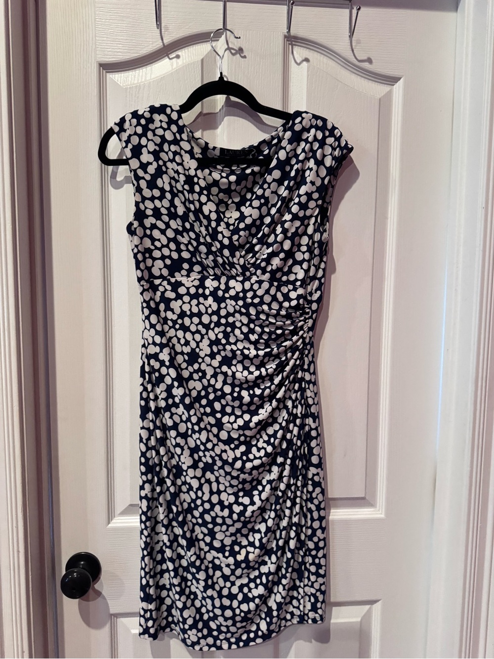Lauren Ralph Lauren Navy and White Polka Dot Ruched Midi Dress